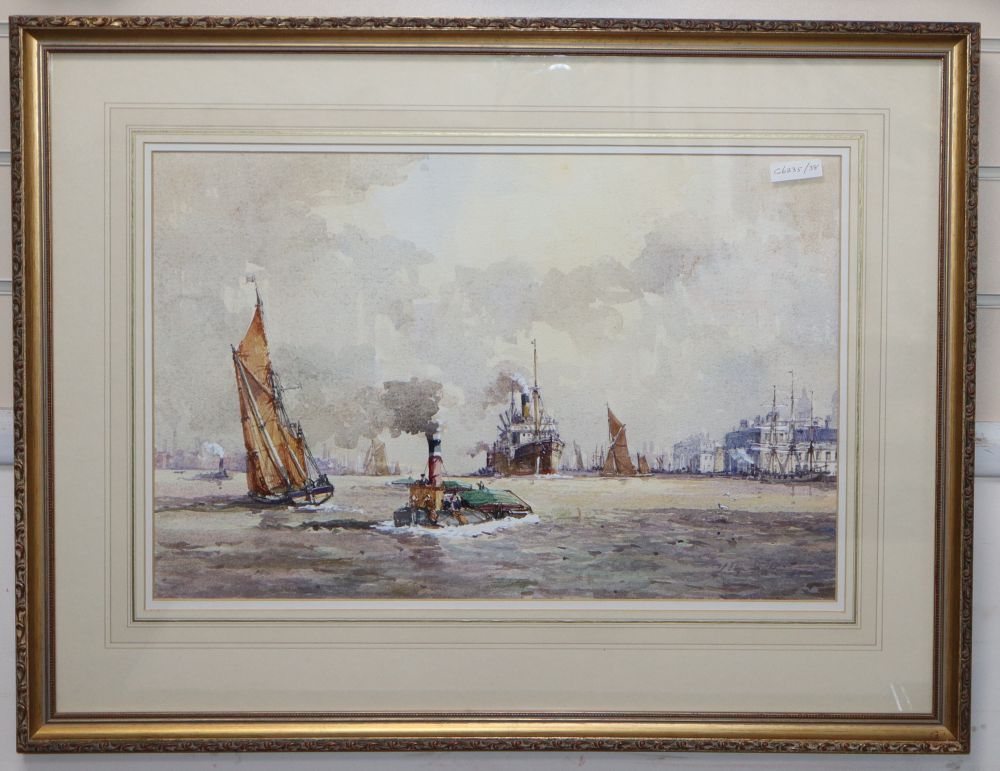 John Sutton (1935-), watercolour, Shipping off Greenwich, signed, 35 x 53cm